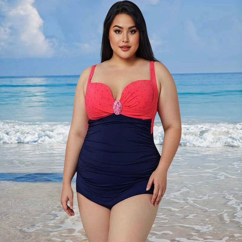 Plus 1Pc Ruched Front Swimsuit Women Size 14 Navy Blue Swimwear with Front Jewel